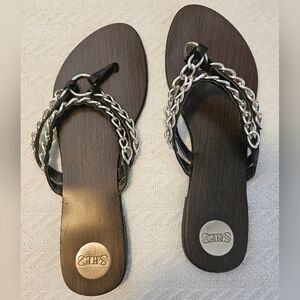 Black Sandals with Silver Chain Detail